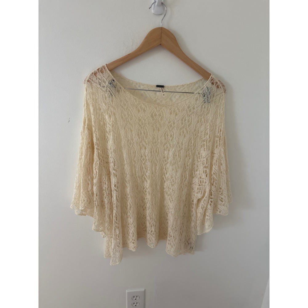 Free People Cream Lace Sheer Oversized Knit Top XS Boho Kimono Sleeve